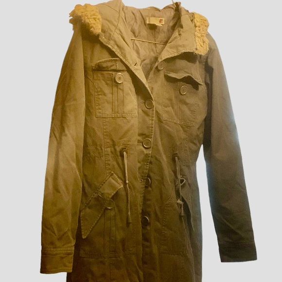 Women’s 12-14 Large Green Buttoned-Up Hooded Linen Coat - Picture 3 of 11